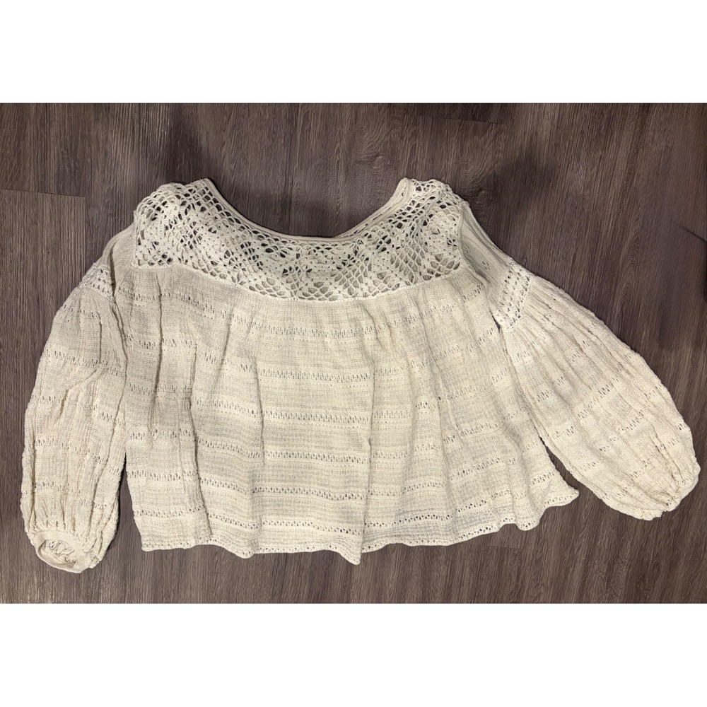 Free People Crochet Lace Yoke Sweater Womens XS Cream Ivory Boho Long Sleeve Top - Picture 2 of 5